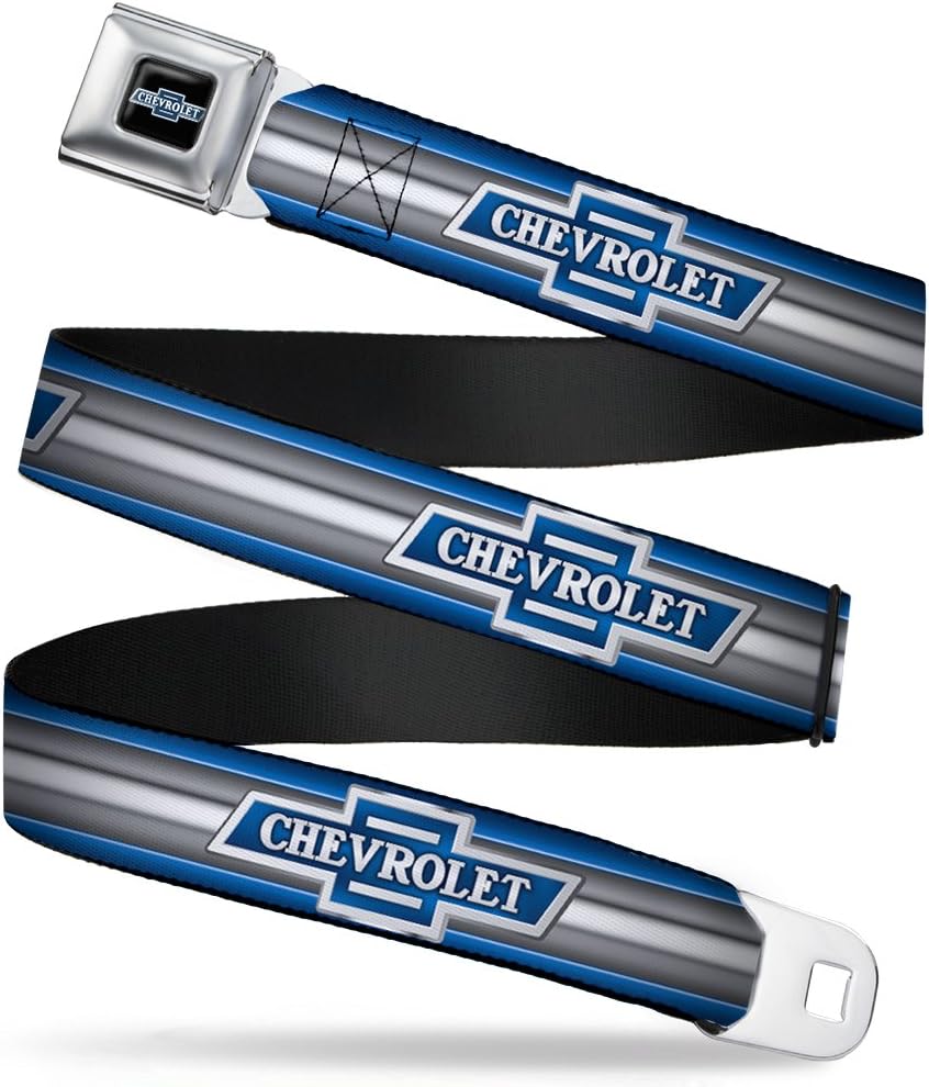 GM General Motors Belt, Seatbelt Buckle Belt, 1929 Chevrolet Bowtie Logo Stripe Blue Silver Blue, 44 to 63 Inches