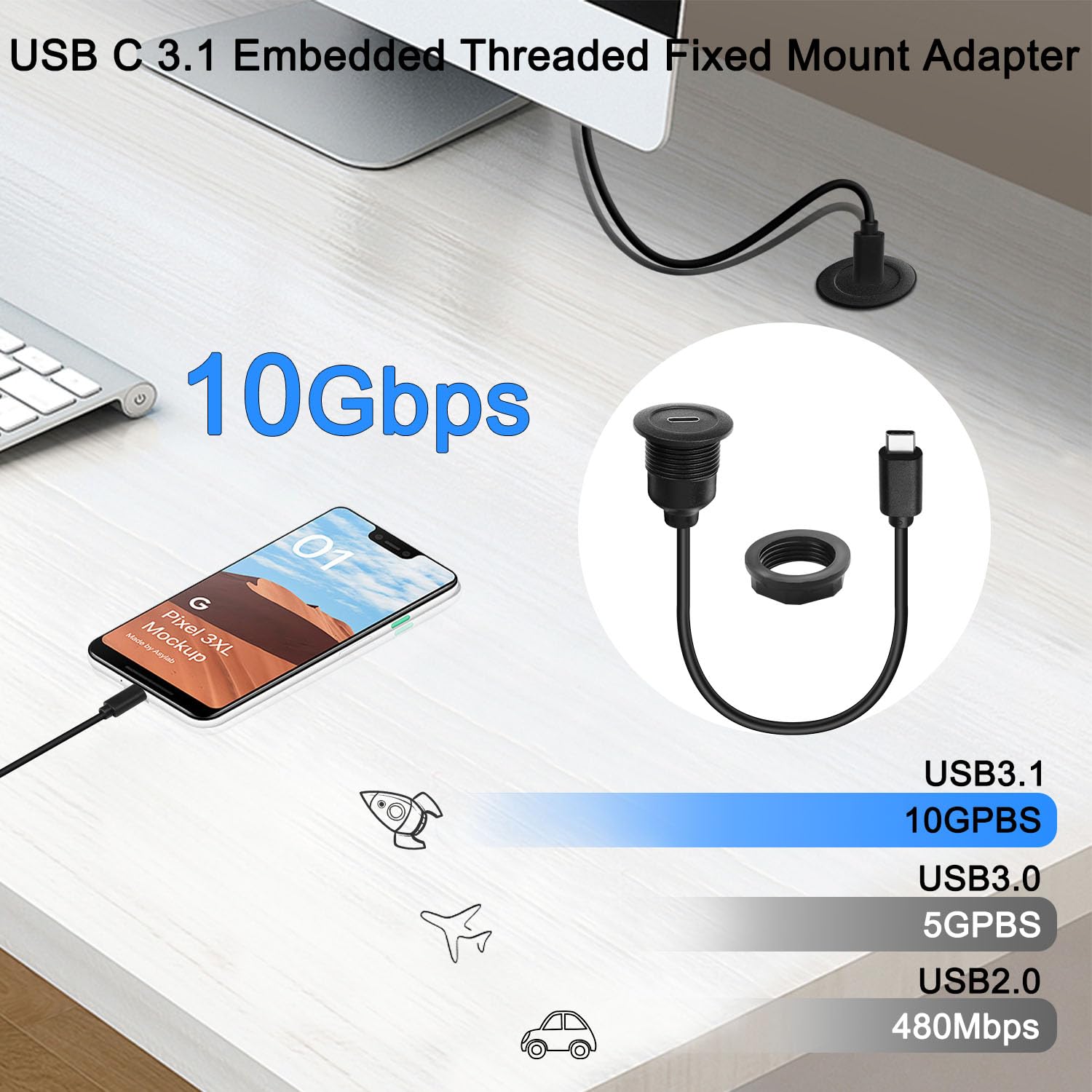 QIANRENON Geïntegreerde USB 3.0 naar USB C montageadapter, korte kabel 5 Gbit/s, USB 3.0-stekker naar type C-aansluiting, schroefdraadverbindingskabel voor vast paneel 5 V/3 A, voor dashboard