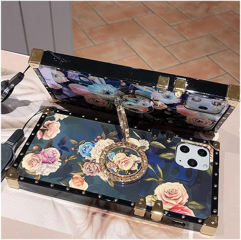 for iPhone 12 /iPhone 12 Pro 6.1"(2020) Phone case, BabeMall Elegant Premium Flower Retro Color Blu - ray Scratch Proof Square PU Leather Protective Corner Back Cover Case -Flower 2