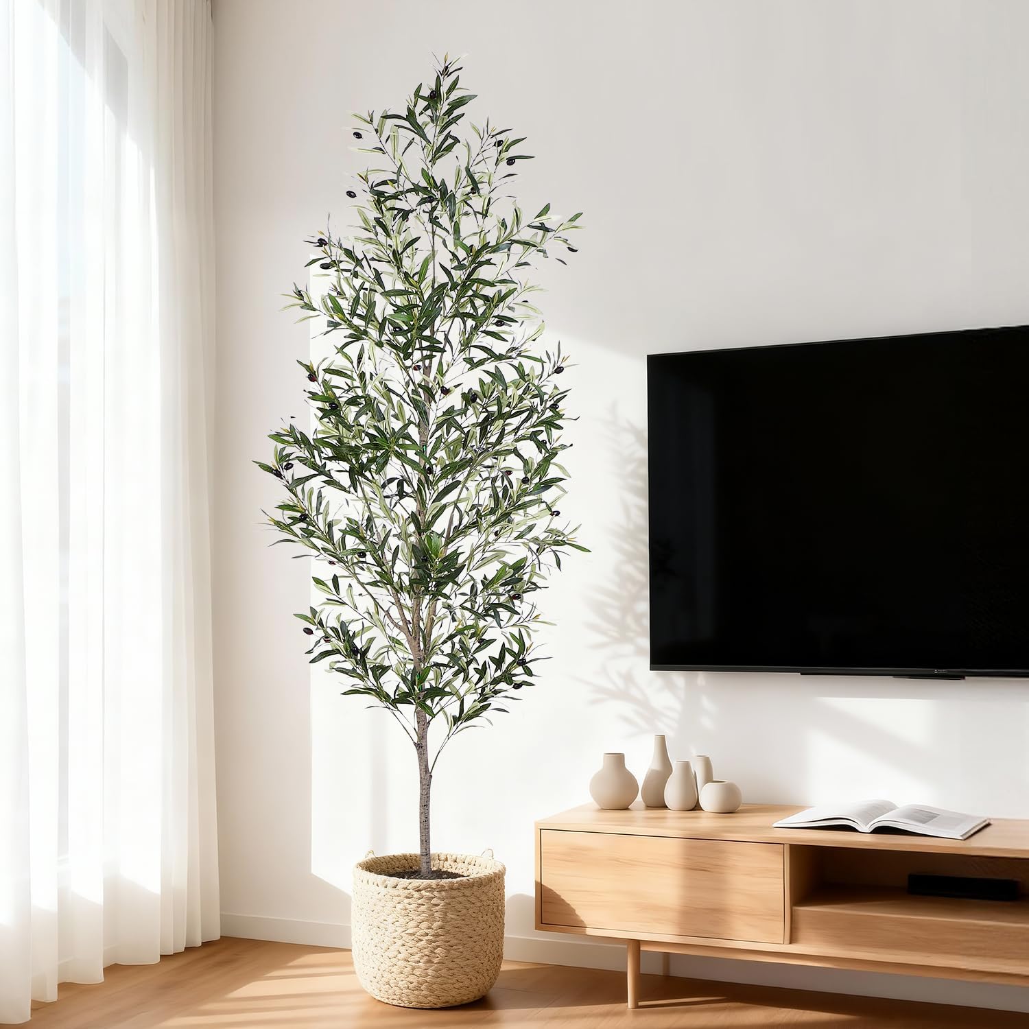 Olive Tree, 7FT Artificial Indoor Tall Faux Olive Trees w/Planter & Natural Wood Trunk and Lifelike Fruits, Fake Olive Artificial Tree for Home Office Decor - Image 6