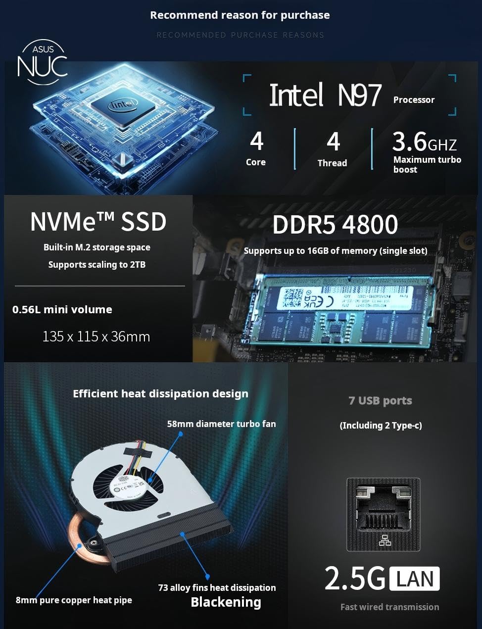 NUC 14 Pro NUC14MNK97 - Mini computer desktop/mini PC/HTPC di 14a generazione, processore Intel N97,6M di cache, fino a 3,60 GHz, scheda grafica Intel UHD (Barebone System)