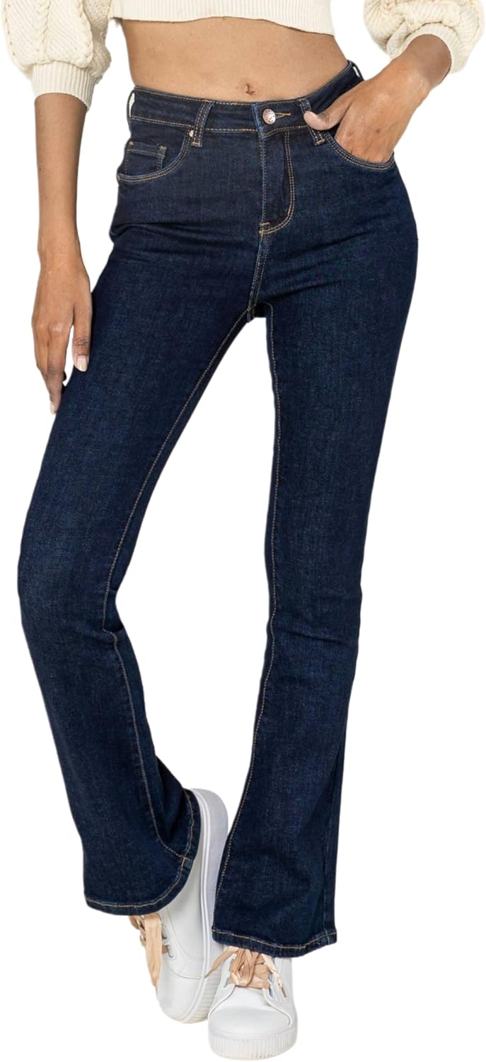 Nina Carter Bootcut jeans voor dames in retrostijl, halfhoge taille, stretchjeans, used look, uitlopende broek, M