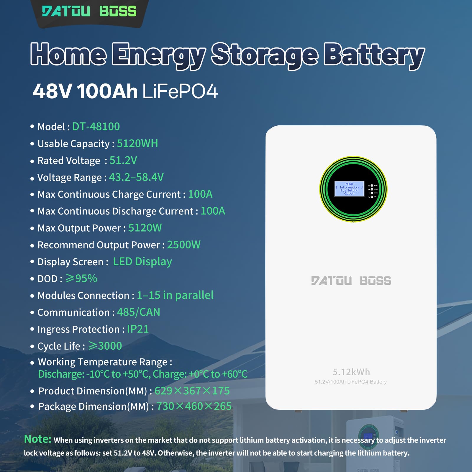 DATOUBOSS Batteria LiFePO4 48V 100Ah a parete, 5120Wh batteria fotovoltaico accumulo, con BMS 100A e display LCD, espandibile in parallelo, per sistemi fotovoltaici, solari e applicazioni off-grid
