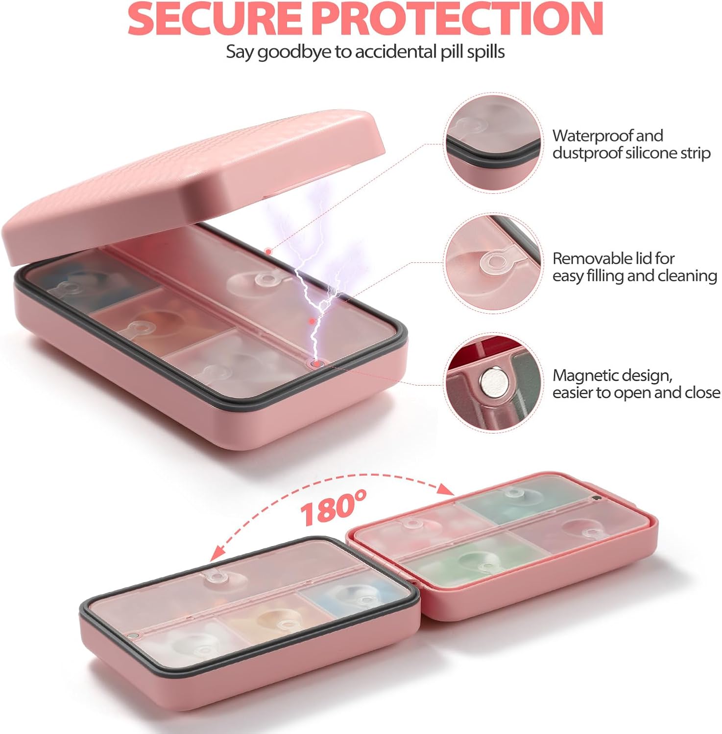 Daily Pill Organizer, 8 Compartments Portable Pill Case Travel Pill Organizer, Pill Container Large for Purse Pocket to Hold Vitamins, Cod Liver Oil, Supplements and Medication, Pink