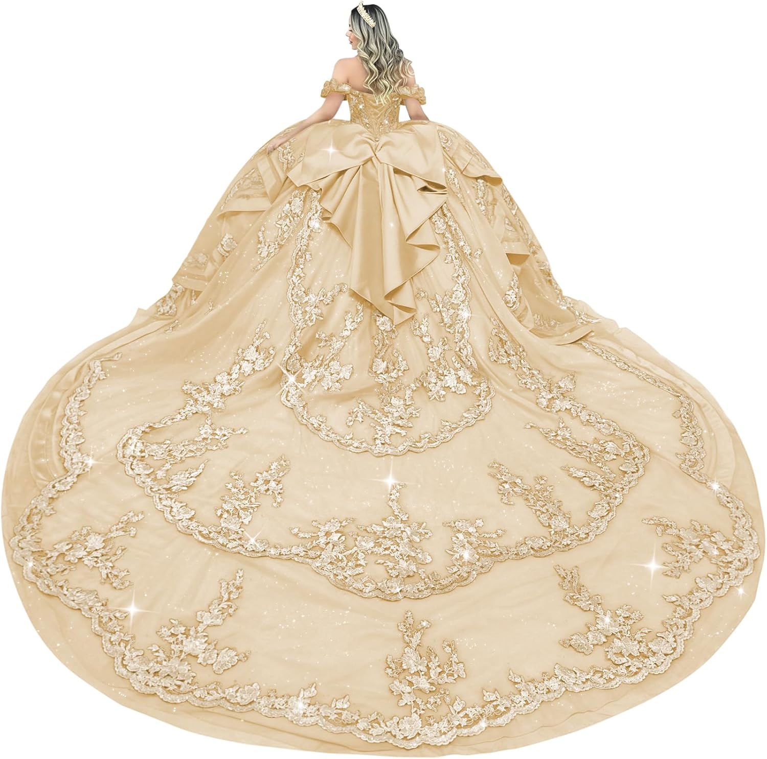 Zhangyo Off Shoulder Quinceanera Dresses with Bow Puffy Tulle Sweet 15 16 Dresses with Bow Gorgeous Lace Applique Ball Gown