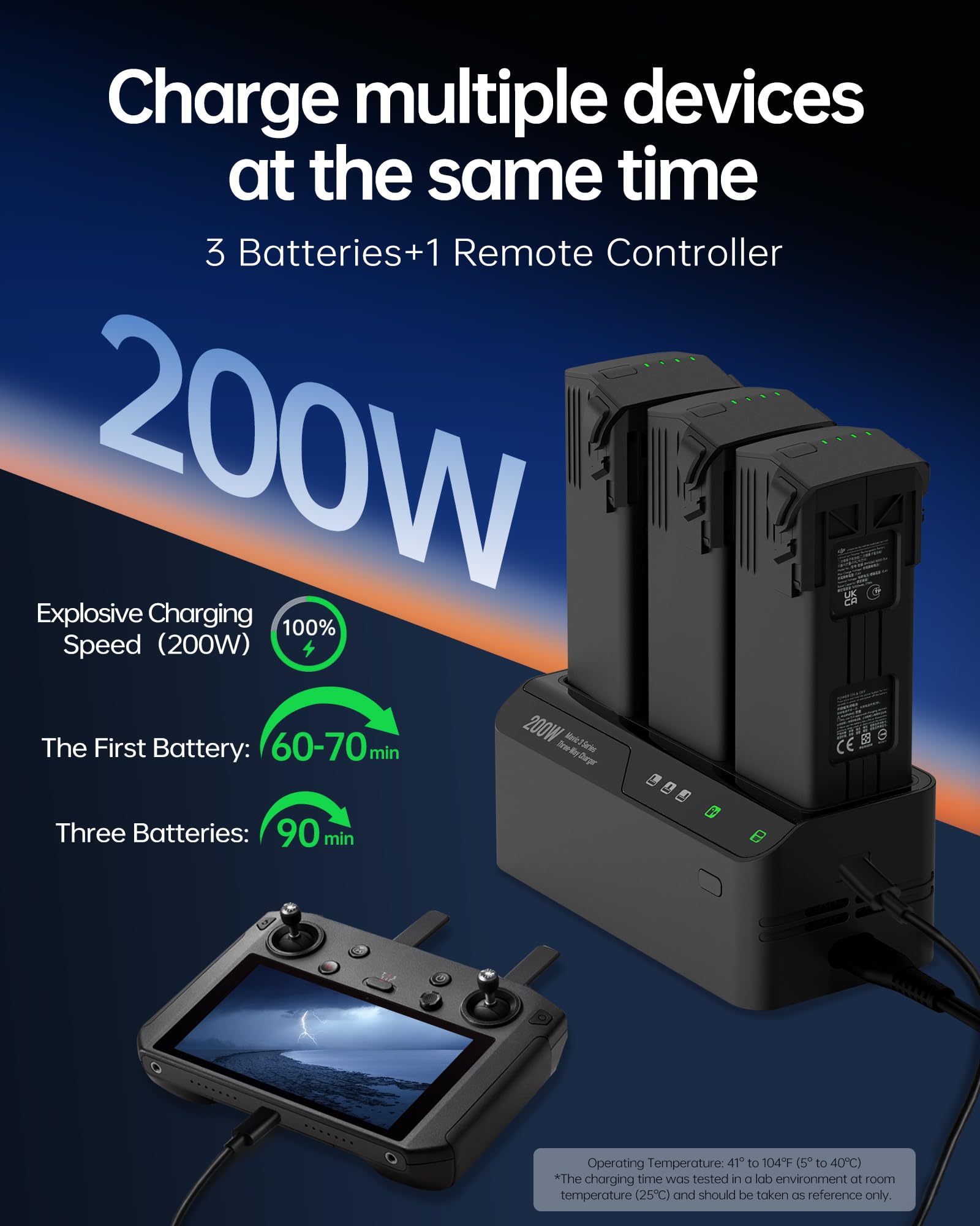 LKTOP 200 W Mavic 3 Pro ładowarka do akumulatora (3,5 x super szybka) - hub ładowania do Mavic 3 seria: Pro, Classic, Cine, Enterprise, dron termiczny i kontroler - Car Charger (ładuje 3 akumulatory w