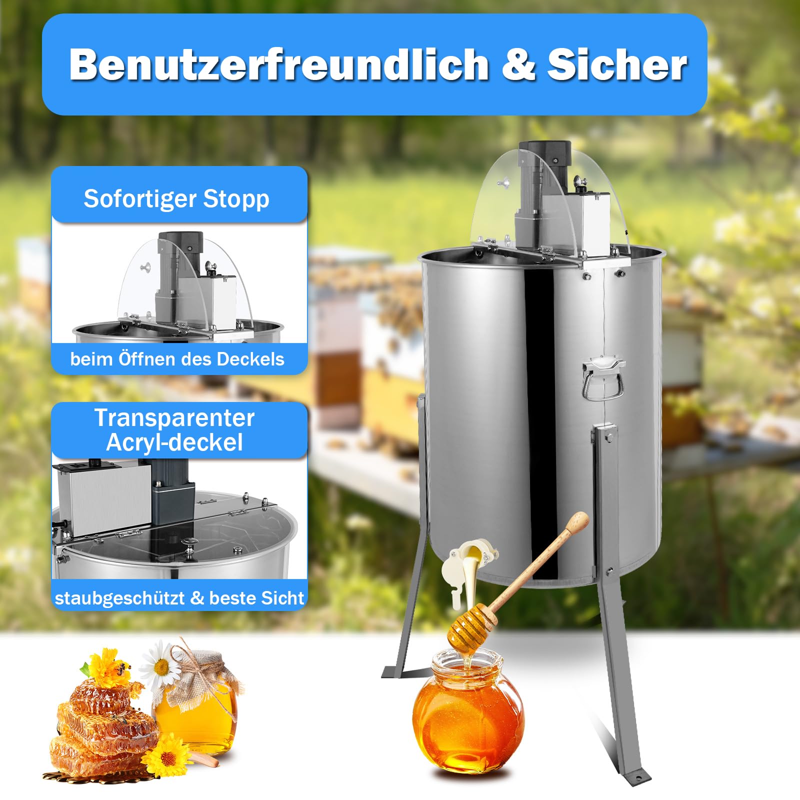 Elektrische Honigschleuder mit 4 Waben – 140W Edelstahl Honiggewinnung mit Geschwindigkeitsregelung und Transparentem Acryl-Deckel