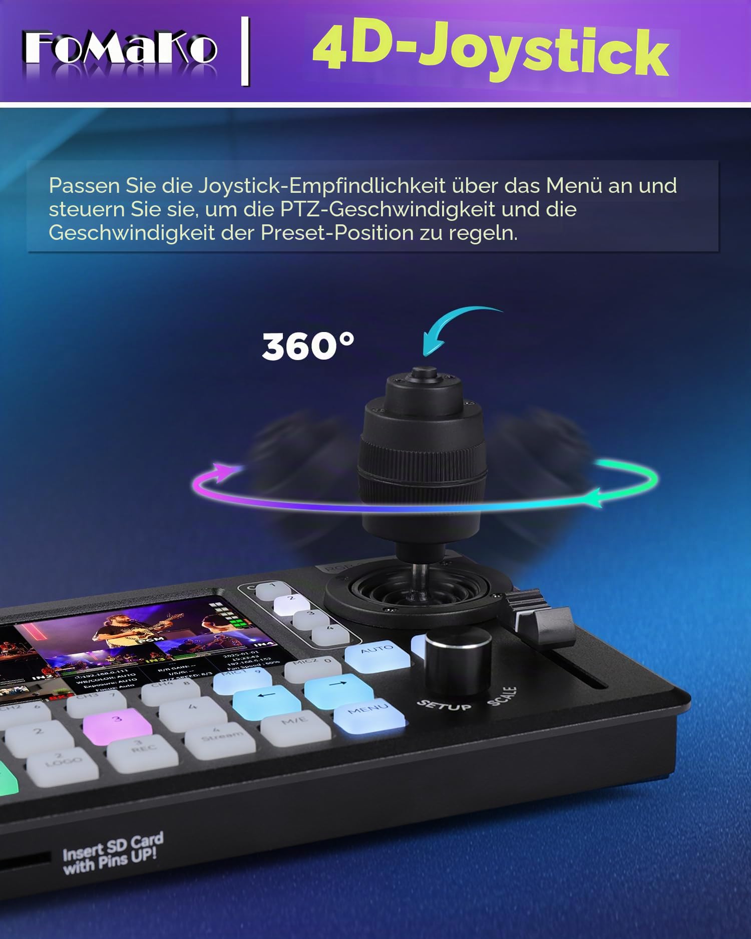 FoMaKo KC800 4K HDMI Videomischer Switcher, integrierter 4D-Joystick-PTZ-Controller, 5,5"-LCD-Bildschirm, professioneller XLR-Audioanschluss und USB/SD-Aufnahme, 4K 60FPS Eingang, 1080p 60FPS Ausgang