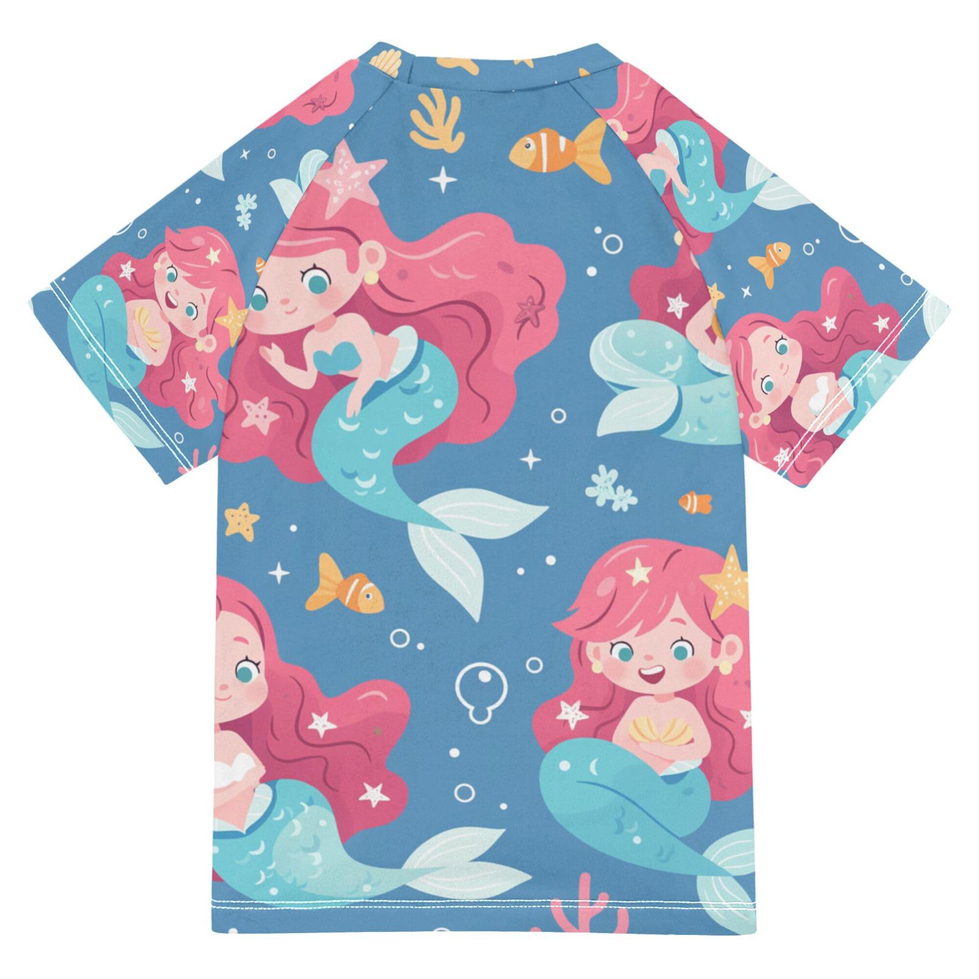 Cute Mermaid Coral Blue Bathing Suit Kids UV Protection Volleyball Shirts Swimwear Beach Tops 3T