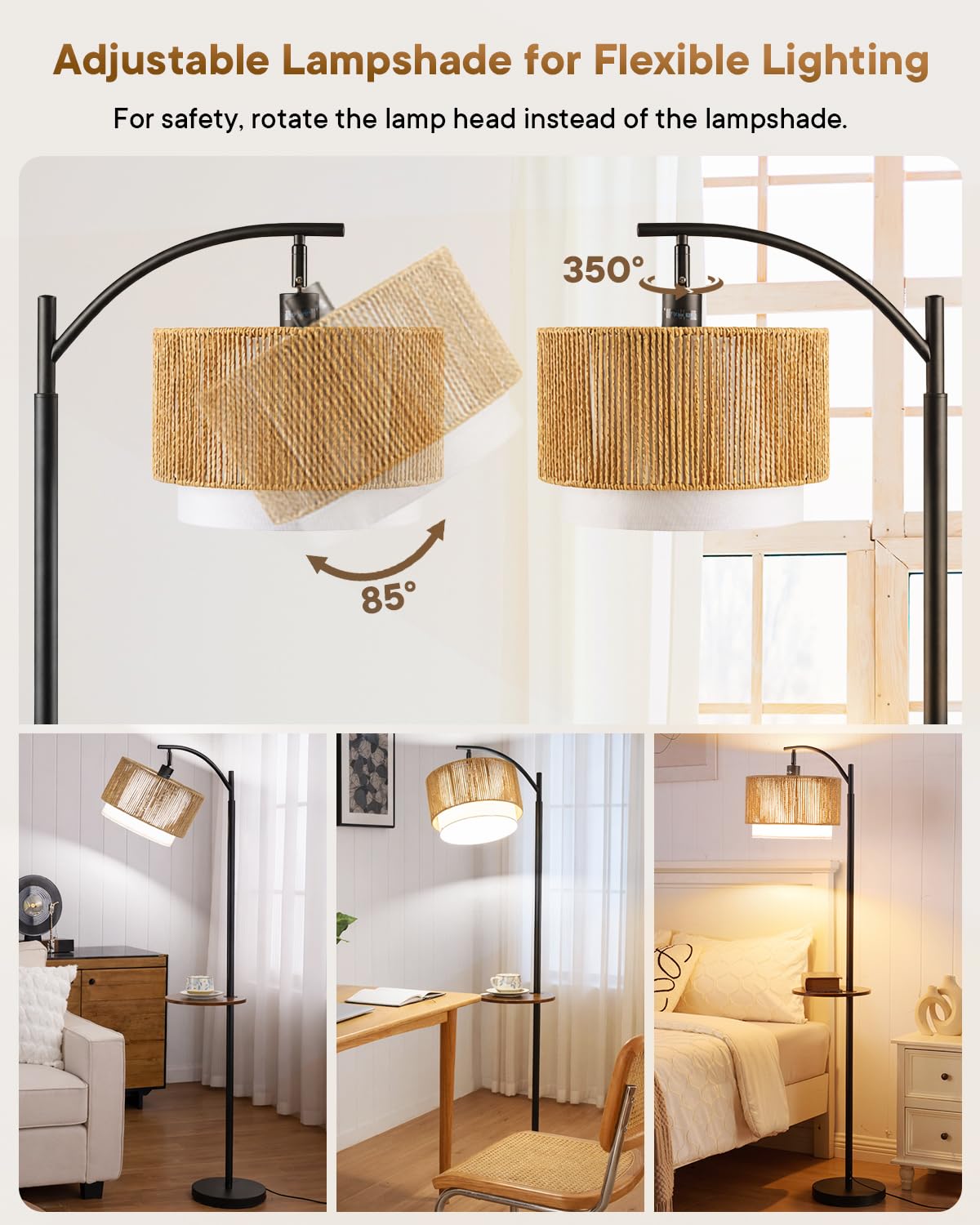 Wio-Mio Rattan Stehlampe mit Tisch für Wohnzimmer, Standlampe mit Fußschalter, Schwarze Boho Stehlampe mit doppeltem Stoffschirm, 3 Lichtfarben, Leuchtmittel inklusive