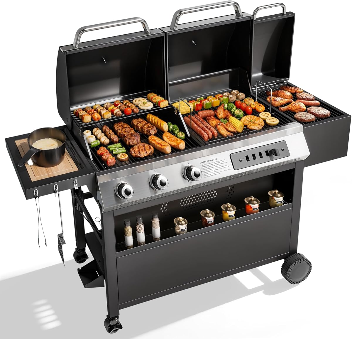 MFSTUDIO Heavy Duty 3 Burner Gas and Charcoal Grill Combo w/Offset Smoker | Dual Fuel, Independent Zone & Lids, High Output, Stainless Steel Control Panel, Porcelain-Enamel Grates, for Outdoor BBQ