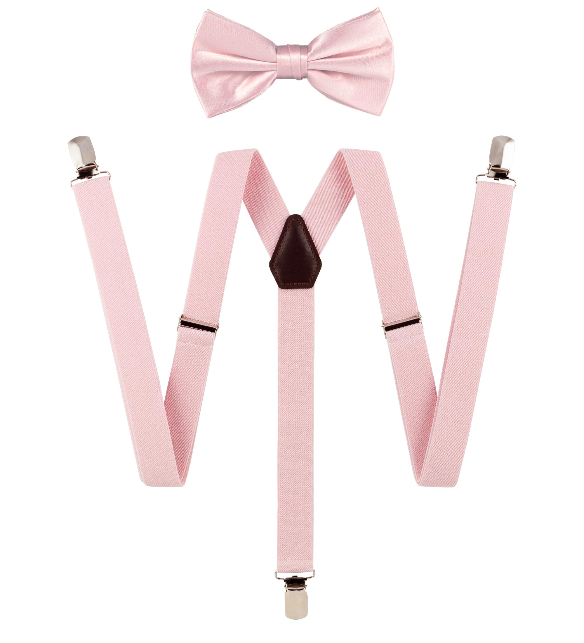 TIE G Solid Color Men's Suspenders+Woven Bow Tie Set for Wedding Vivid Color Adjustable Brace Strong Clips Elastic Bands, Blush, Regular