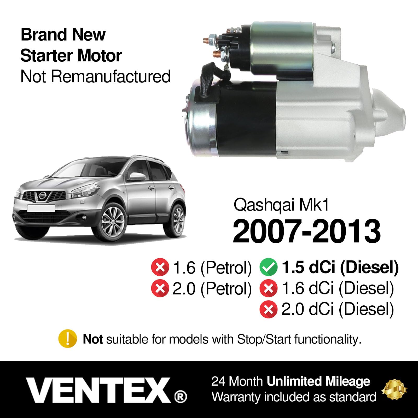 VENTEX® Motor de arranque VSM8210 compatible con Renault Clio Megane 1.5 dCi Diesel Kadjar 2003-2024 Nissan Qashqai Juke Note 1.5 dCi 2007-2013