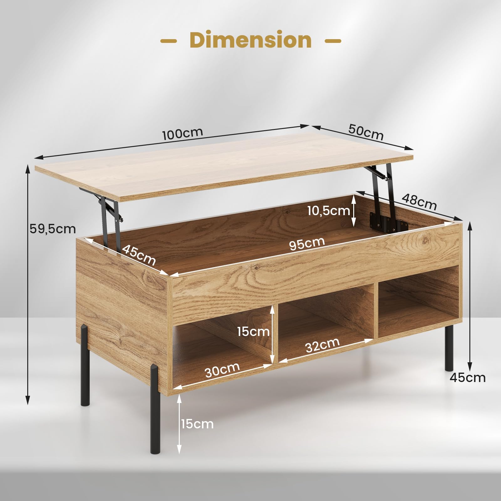 GIANTEX Table Basse Plateau Relevable, Table de Salon avec 3 Compartiments & Rangement Caché & Pieds en Métal, Transformable Moderne pour Bureau,Chambre, 100x50x45cm (Naturel)