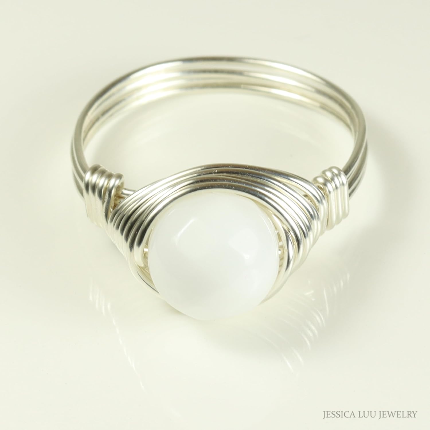 JESSICA LUU JEWELRY White Alabaster Gemstone Ring - Sterling Silver or Gold Wire Wrapped Handmade