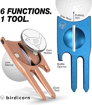 Birdicorn 6-in-1 Heavy Edition Divot Tool with Ball Marker & Coin Holder Ball Liner, Bottle Opener, Putting Aid, Grip Rest Metal Golf Tool