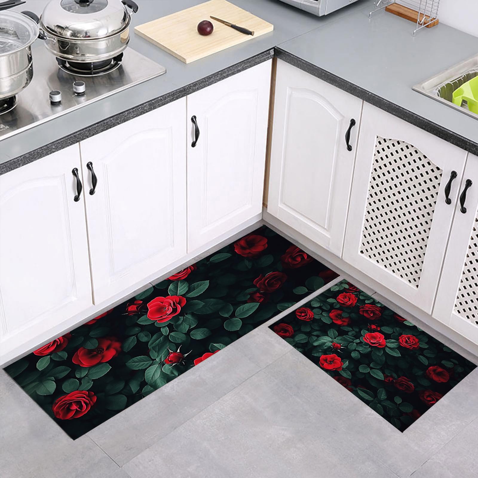 Tapis de cuisine antidérapants rose rouge 2 pièces lavables eau et huile