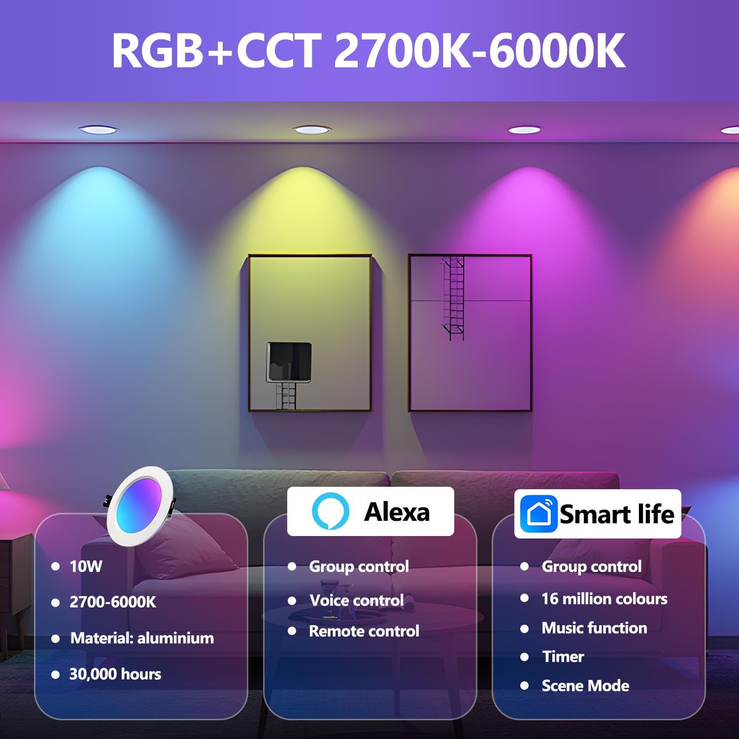 Downlight LED Empotrable RGB Alexa 10W, Ojos de Buey para Techo 2700K-6000K, Smart Foco Bluetooth, Control Inteligente Con Aplicación con pasarela inteligente y mando a distancia, Juego De 6