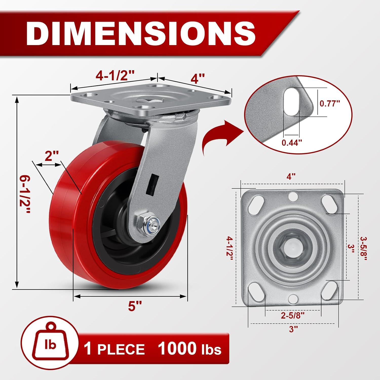 5 Inch Caster Wheels, Polyurethane on Polyolefin Core Wheel- Capacity up to 1000 Lbs Per, Use for Platform Truck, Industrial Equipment (1 Swivel)