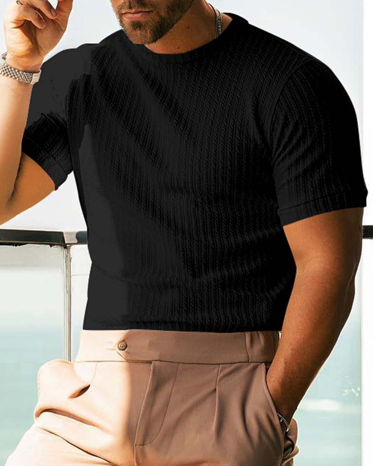 Men's Ribbed Knit T-Shirts Short Sleeve Casual Crewneck Slim Fit Textured Pullover Tees - Image 2