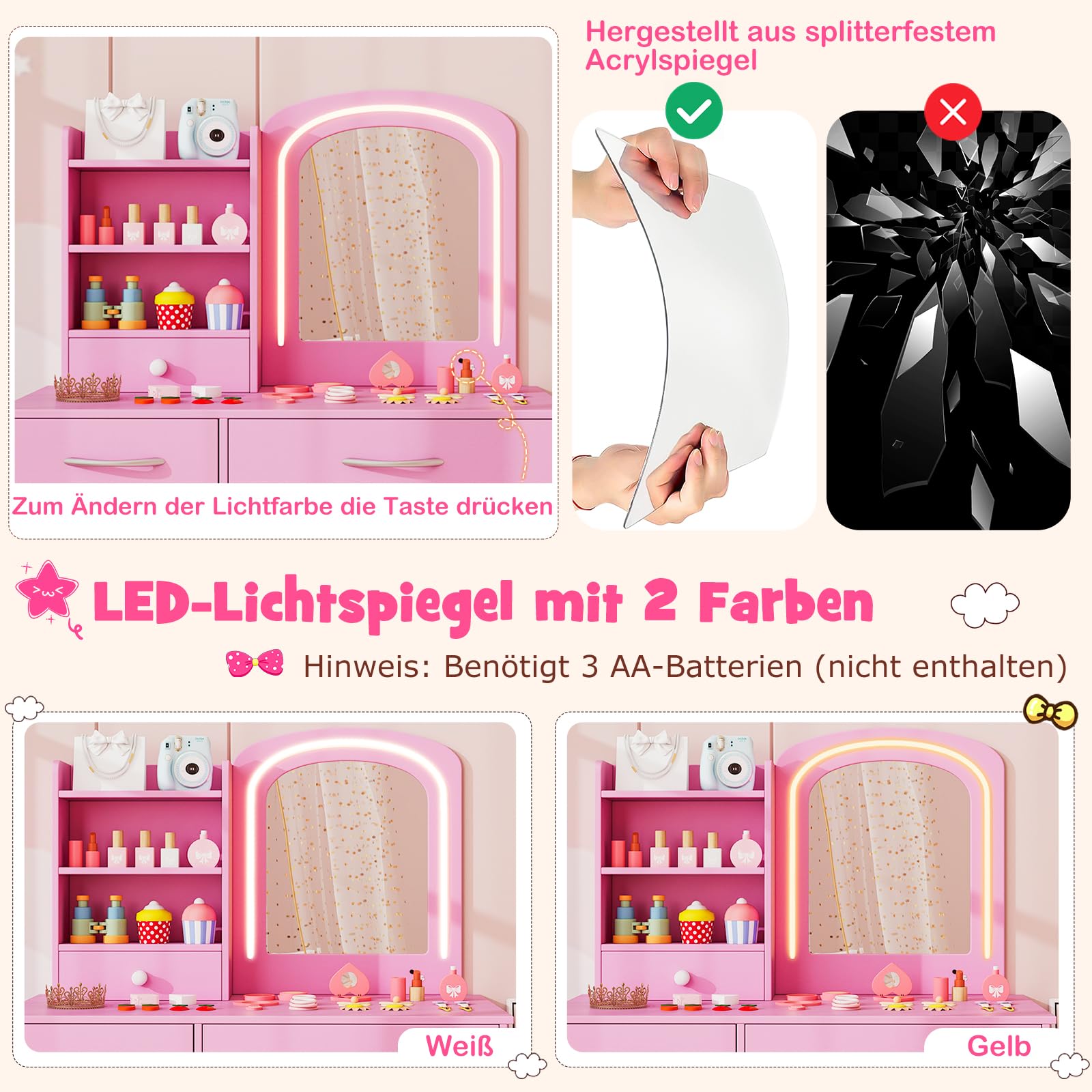 DREAMADE Schminktisch Kinder, Schminktisch Mädchen mit Stuhl & Buntem LED-Spiegel, Frisiertisch aus Holz, Kinderschminktisch mit offenen Regalen & Schubladen für Kinder ab 3 Jahren (Mit Boxen,Rosa)
