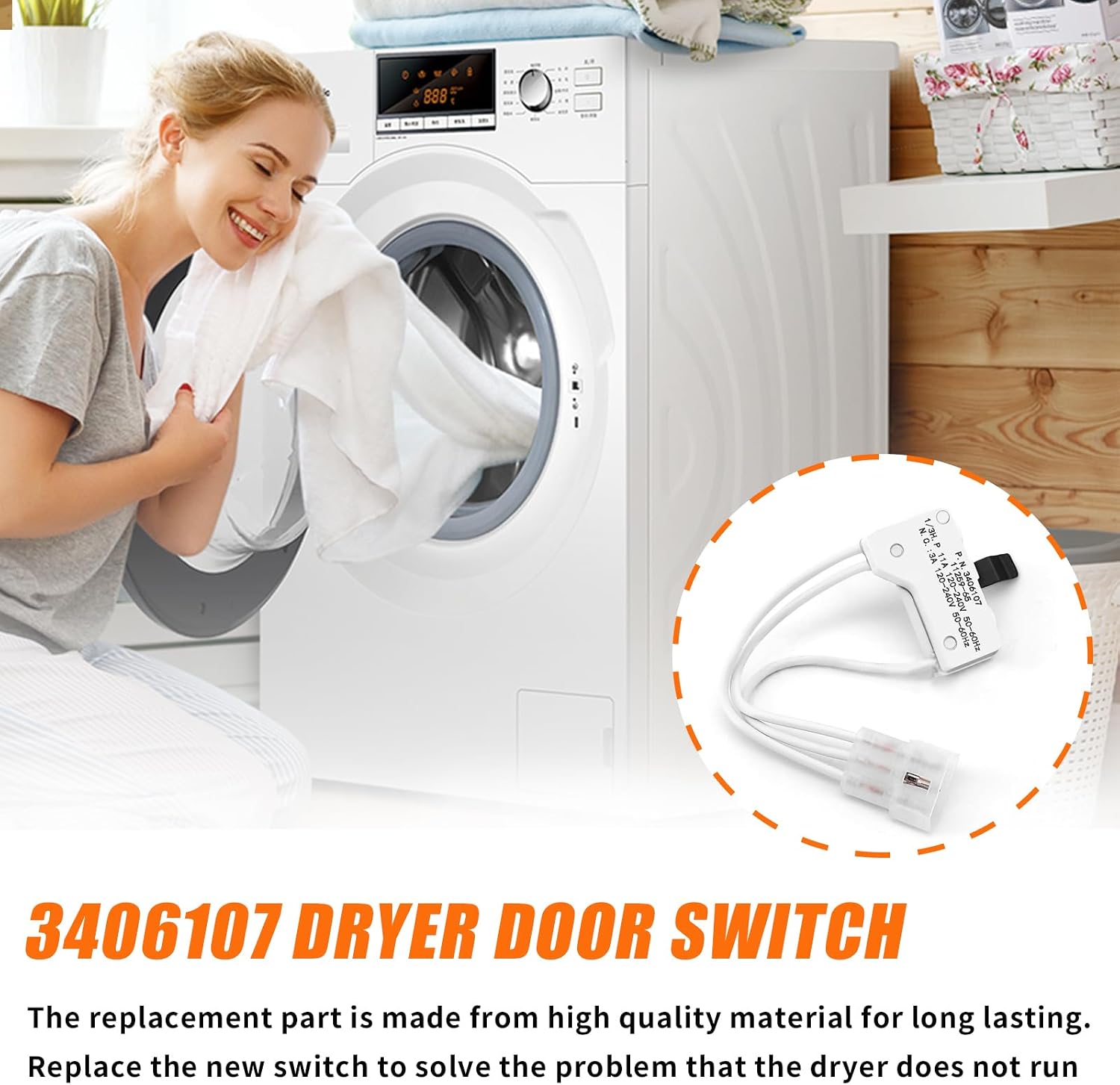 WP3406107 3406107 Dryer Door Switch Replacement Part For Whirlpool & Kenmore Maytag Dryer - Replaces 3405100, 3405101, 3406100, 3406101, 3406109, AED4475TQ1, MEDC400VW0