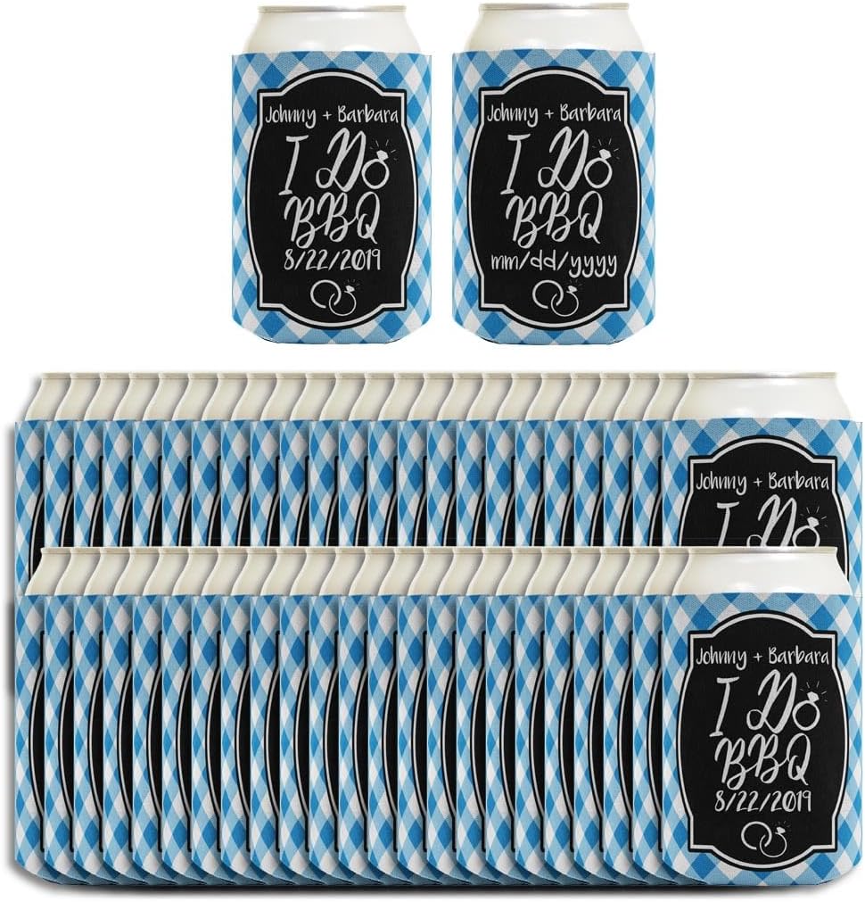 I Do BBQ Wedding Favors Custom Text Save the Dates 48-pack Personalized Coolies Drink Coolers Blue