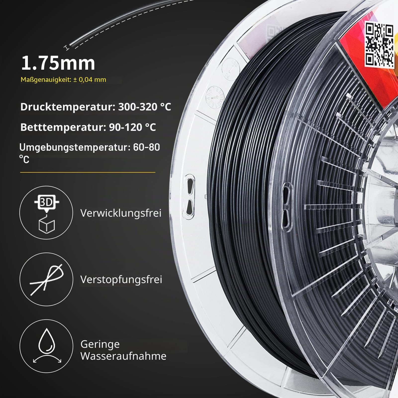 YXPOLYER PPS Filament für 3D-Druck, 1,75 mm Durchmesser, 1 kg, Schlagzäh Modifiziert, Chemikalienbeständig, Hochtemperatur-Thermoplast bis 300 °C, PC-Spule