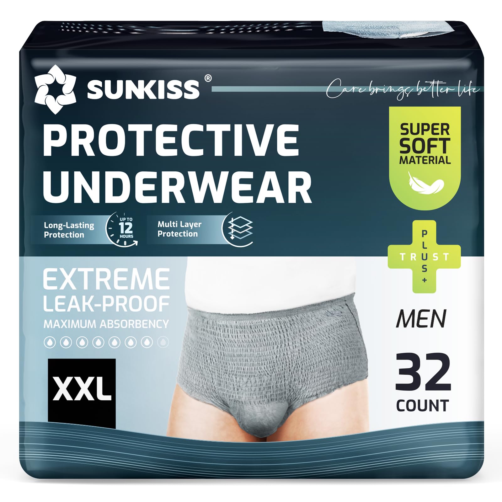 SUNKISS Incontinence Underwear for Men,Daytime Disposable Adult Pull Ups,Mens Protective Briefs with Maximum Absorbency,XXLarge, Grey, 32 Count