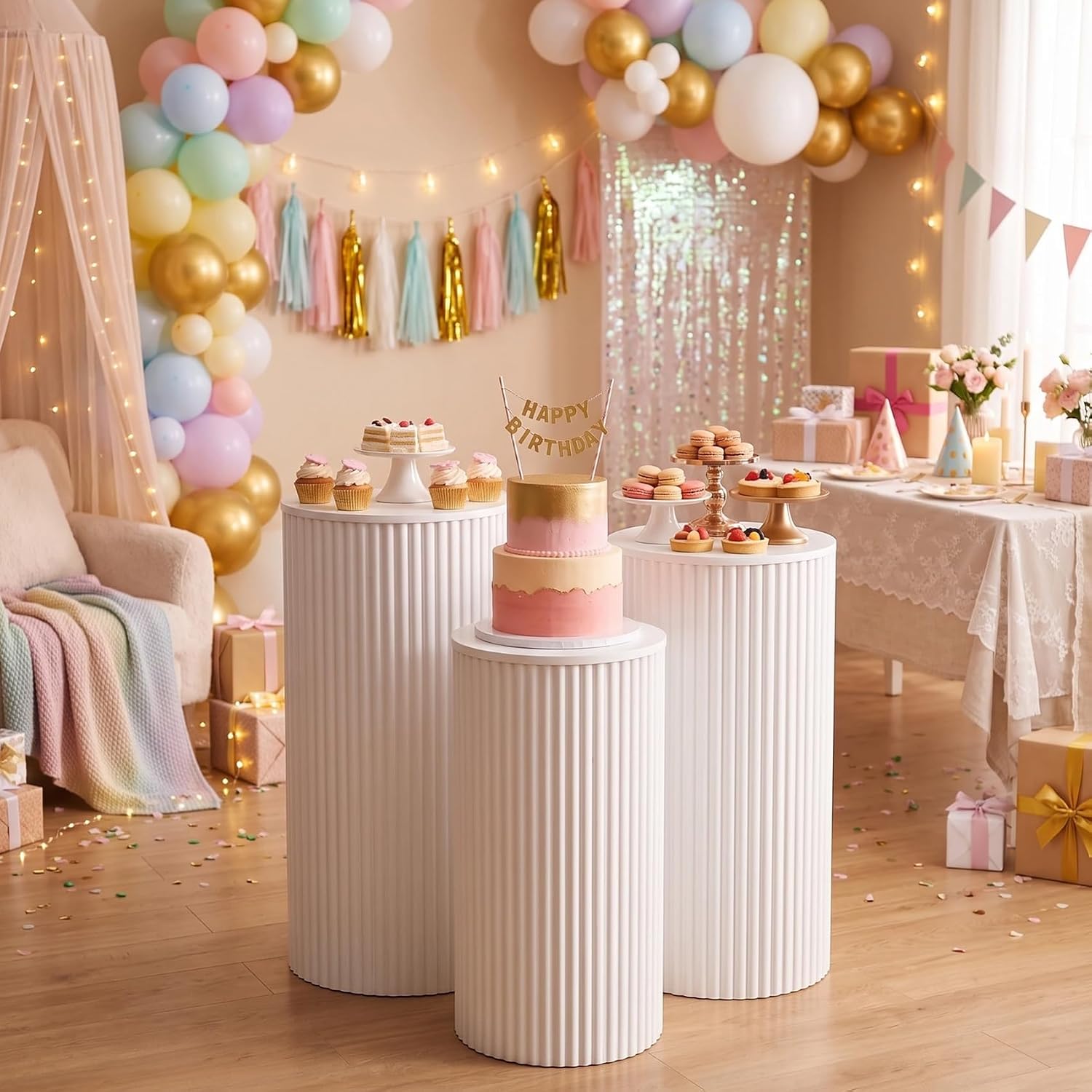 HAISIWLKJ 3PCS Round Pedestal Stands for Parties, Small White Metal Cylinder Plinths Dessert Table Cube Display Pillars for Birthday Wedding Bridal Party Decorations