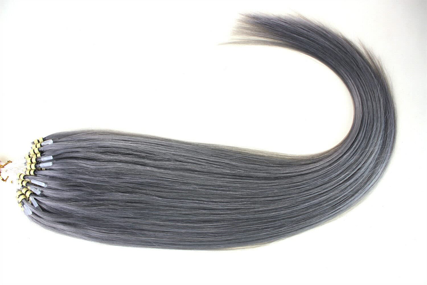 Micro Beads Link Human Hair Extensions Gray Hair Micro Ring Loop Tip Remy Hair Extensions Cold Fusion Micro Link Brazilian Hair Straight Silver Grey 24 Inch 50Strands 50gr 1g/s