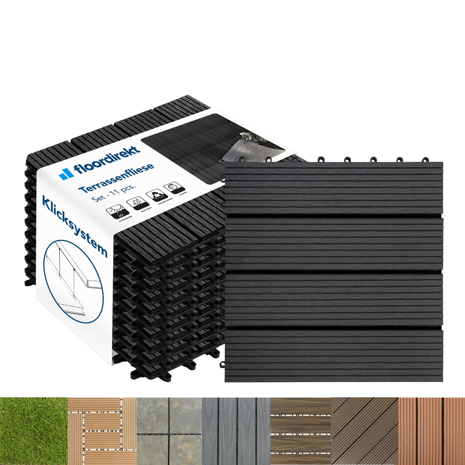 Floordirekt WPC Fliesen 30x30 cm, 1m² = 11 Terrassenfliesen, Klickfliesen, Balkonfliesen in Holzoptik - Bodenbelag für Balkon & Terrasse - wetterfest mit Drainagefunktion | Anthrazit | Royal