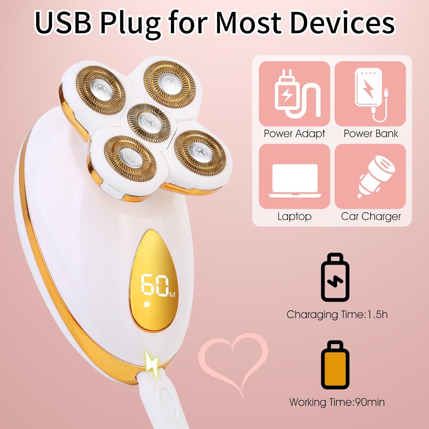 Electric Razors for Women, 5 in 1 Painless Rechargeable Dusk Shaver Womens, Women's Shavers Everything, Lady Leg/Bikini/Face Hair Removal Products, Female Wet Dry Shaving Machine - Image 4