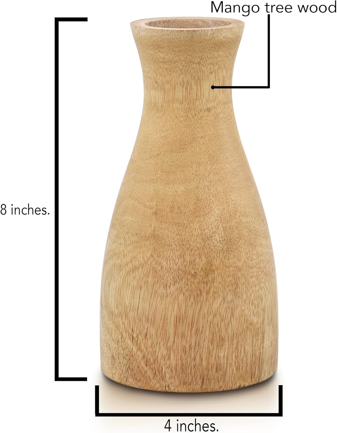 AeraVida Natural Brown Stain Mango Tree Wood Bottle Shaped Slim Vase for Flower, 8 inches (Light Brown)