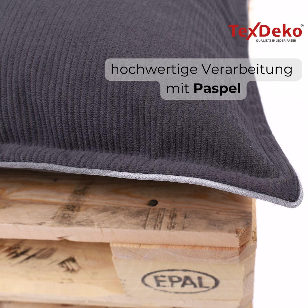 TexDeko® Cord Palettenkissen 120x80x18 cm 2-TLG Set, Anthrazit | Weicher Cordstoff, wasserabweisend, UV-beständig, waschbarer Bezug, Indoor & Outdoor Palettenpolster, 320 g/m² Stoffgewicht