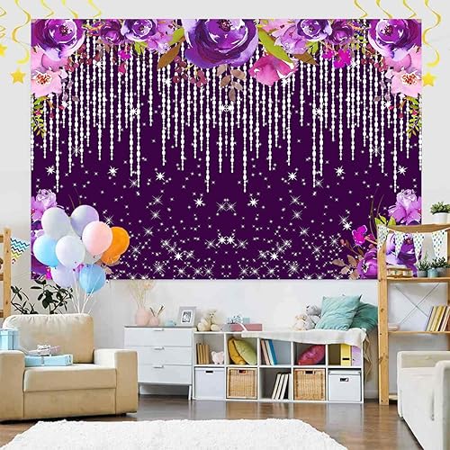 Miniatura 3 de Telón de fondo morado y plateado con purpurina de 7 x 5 pies, fondo de acuarela con diamantes brillantes, bokeh, mujer, cumpleaños, fiesta de té,