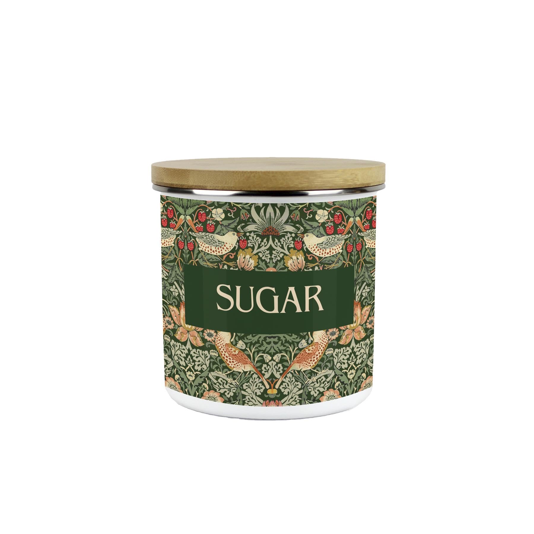 Purely Home Green Strawberry Thief Sugar Canister - Morris Inspired Floral Tapestry Artwork - 600ml Enamel Hot Drinks/Food Kitchen Medium Storage Container