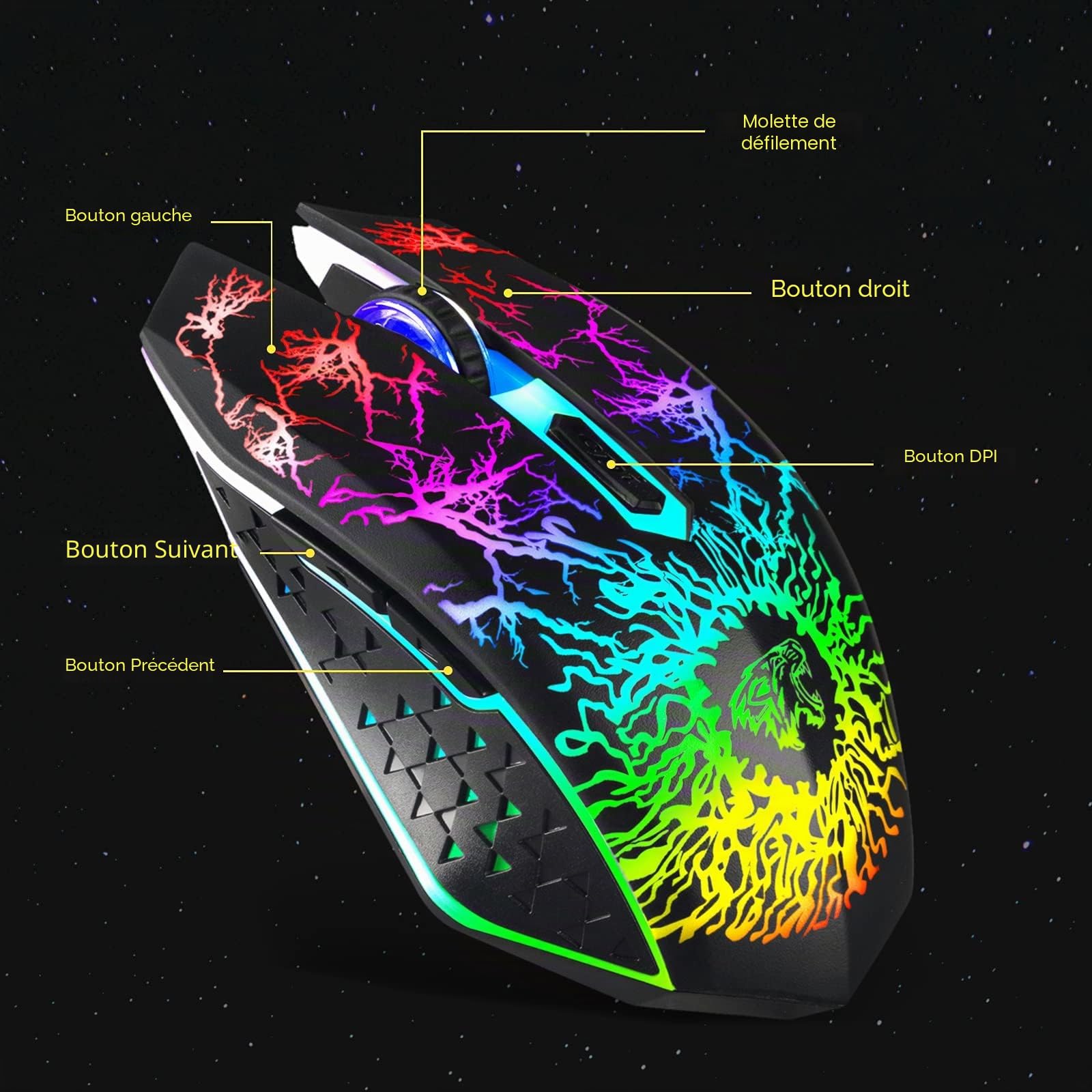 VEGCOO Souris de Jeu sans Fil, Souris de Jeu Rechargeable, Souris Optique silencieuse avec récepteur USB 2,4 G, 3 Niveaux DPI, 7 Boutons, lumières LED 7 Couleurs pour PC/Mac Gamer
