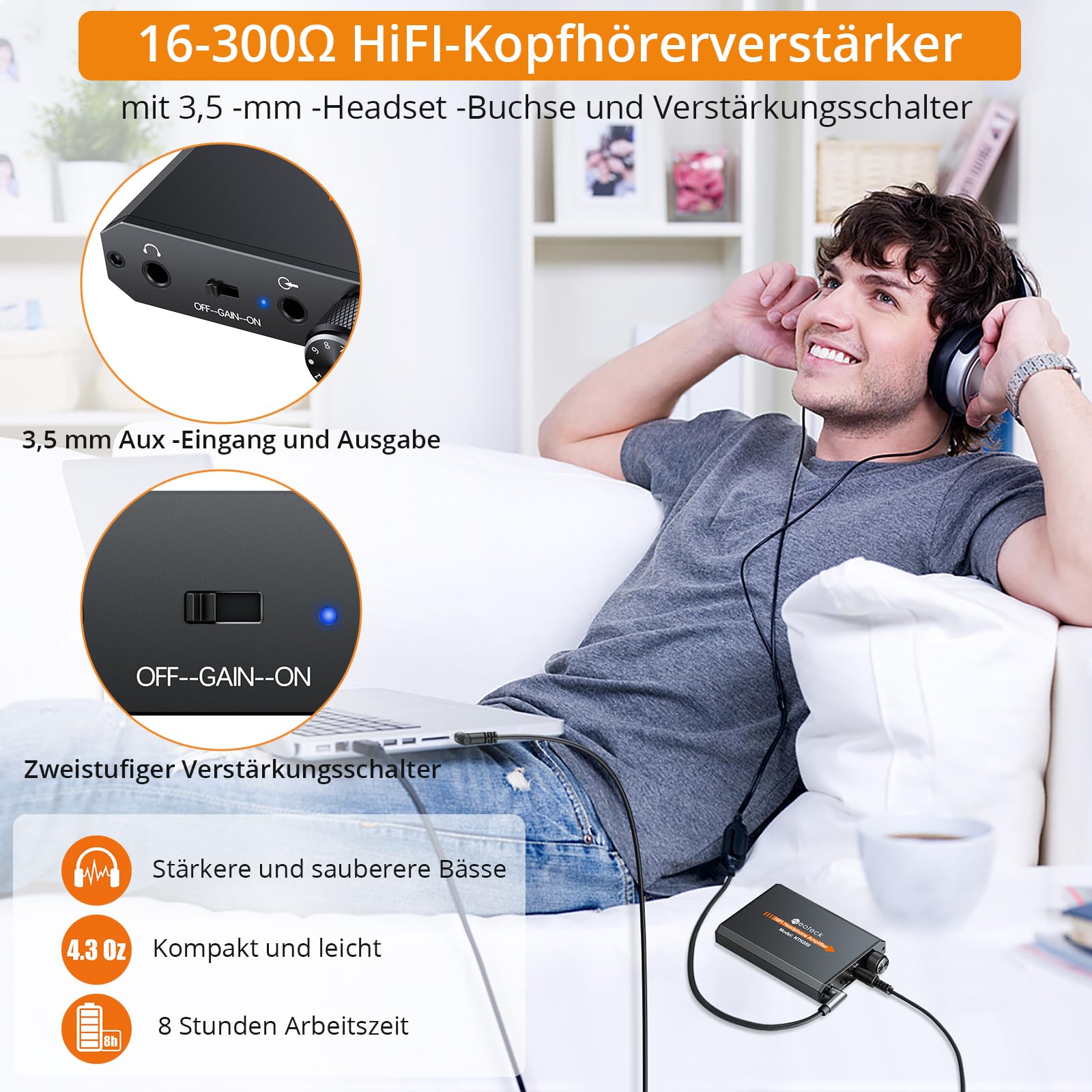 Neoteck 3,5 mm Kopfhörer-Verstärker, zweistufiger Verstärkungsschalter, tragbarer HiFi-Headset-Verstärker, Aluminium-matte Oberfläche