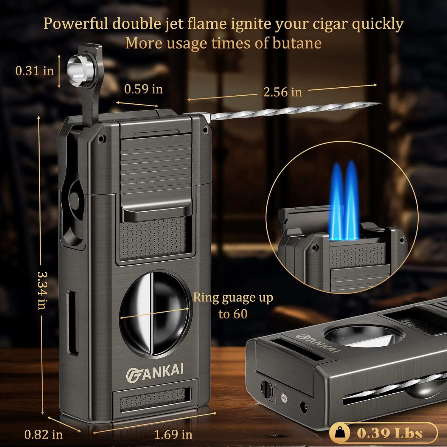Cigar Lighter, 5 in 1 Cigar Torch with V Cutter, Cigar Punch, Cigar Stand, Cigar Poker, Butane Lighter Double Jet Flame, Cigar Gift for Cigar Smokers (Gray)