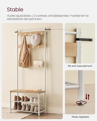 VASAGLE HSR041W09 3-in-1 Steel Frame Coat Rack with Shoe Shelf Hallway Modern Style Oak and Cream - 5