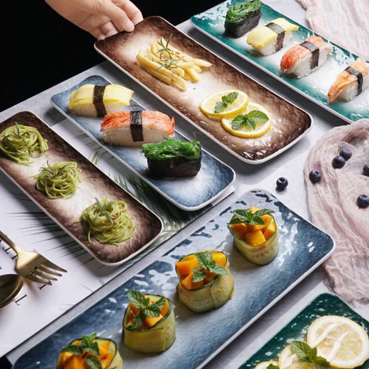 Vajilla de Cerámica Diseño Práctico y Acabado Fino Estilo Japonés 2 Platos Rectangulares para Sushi y Sashimi Adecuado para Fiestas y Uso Familiar