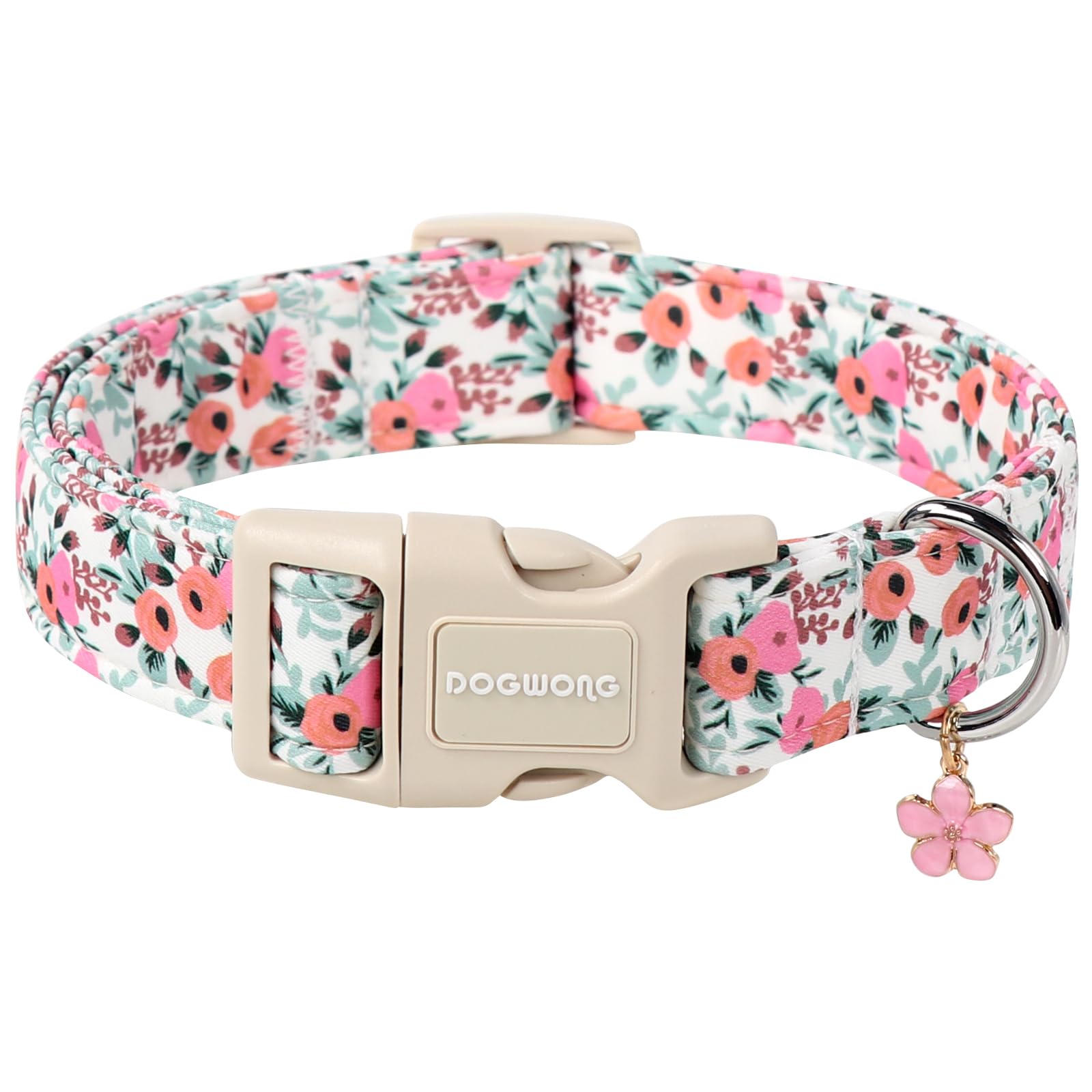 DOGWONG Flower Cotton Dog Collar, Spring Summer Cute Pink Dog Collar Durable Soft Fabric Pet Dog Collars Female Girl Necklace for Small Medium Large Dogs