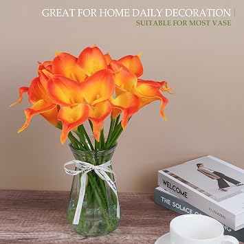 20pcs Artificial Calla Lilies Orange Fake Flowers Long Stem Artificial Flowers Wedding Bouquet Real Touch Calla Lily Flowers for Bridal Bouquet Arrangement Home Hotel Decoration Garden
