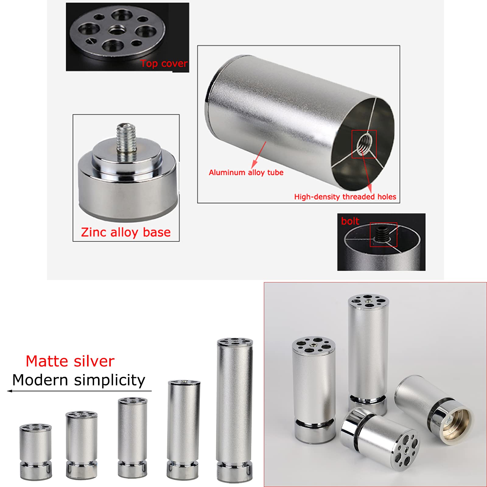 Regulowane okrągłe nogi sofy – srebrne aluminiowe nóżki meblowe 4-pak z antypoślizgowymi gumowymi podkładkami ABS, wysokość 8 mm, średnica 50 mm, idealne na stoły kuchenne i sofy.