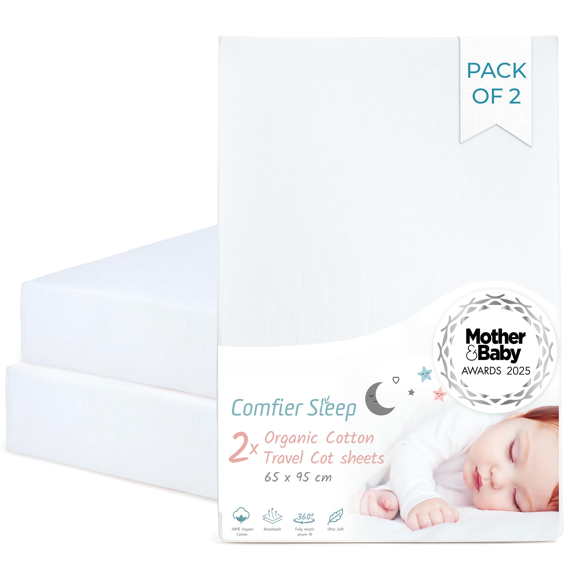 Comfier Sleep White Travel Cot Fitted Sheet – 2 Pack Organic Cotton Travel Cot Sheets 95X65 Cm – Ultra Soft And Breathable Sleep Sheets