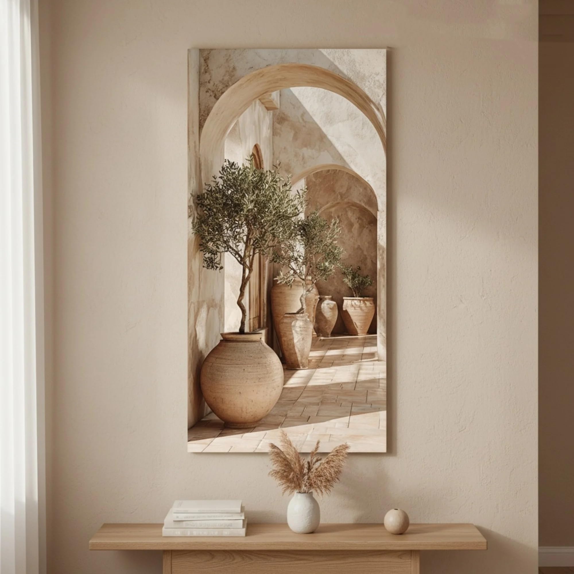 GOSRD Canvas Painting Featuring An Outdoor Archway, Potted Trees And Sunlight Print Minimalist Home Decor(40X80cm)