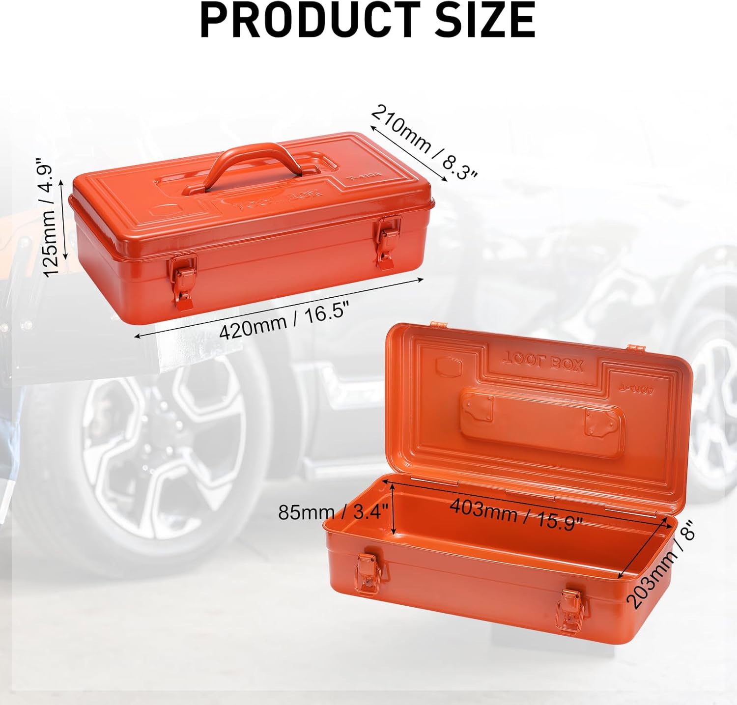 HARFINGTON Portable Steel Tool Box, 15.9" x 8.0" x 3.4" with Handle Double Metal Latch Trunk Tool Storage Box Metal Organizer Mountain Toolbox for Garage Warehouse Workshop Household, Orange