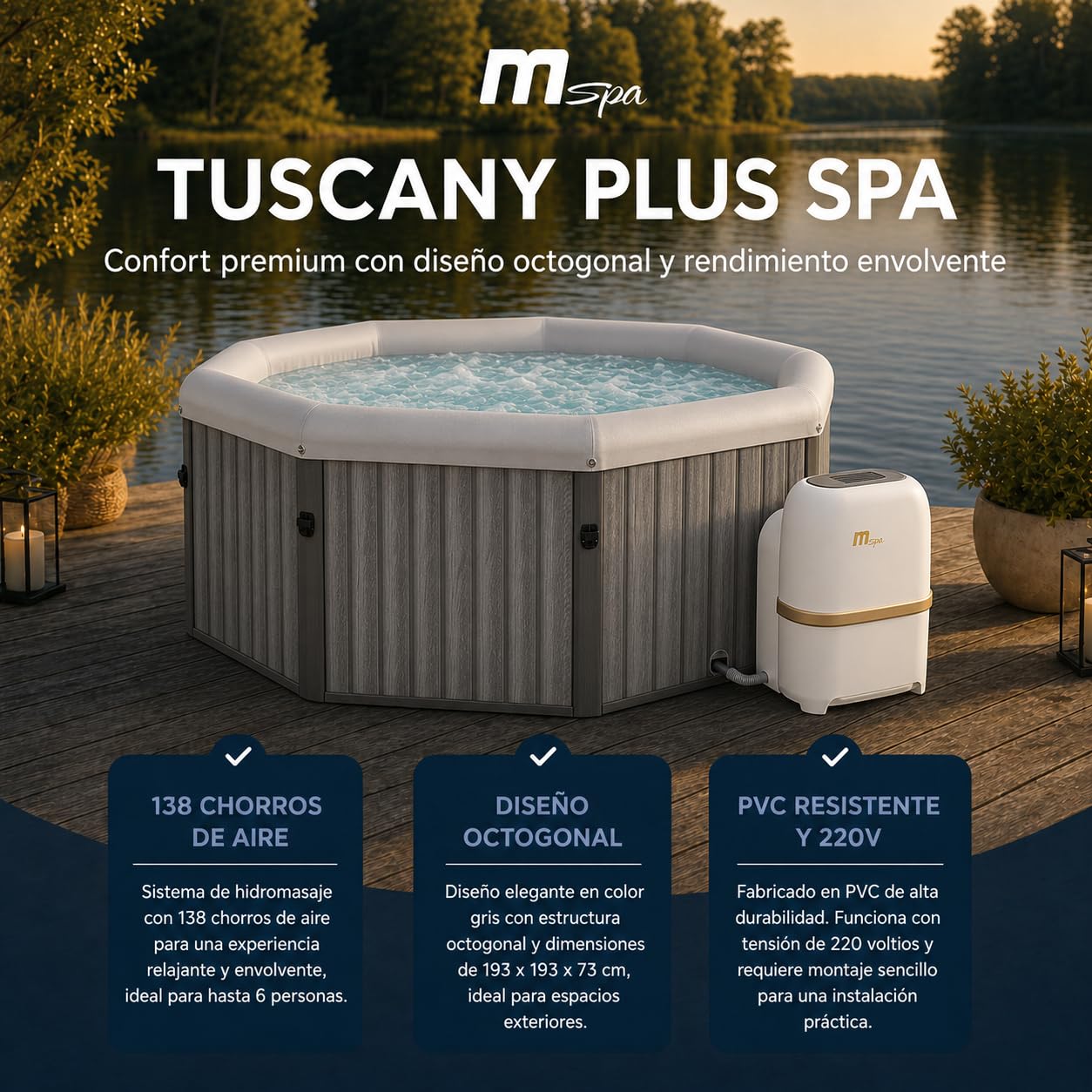 MSpa Tuscany SPA rígido Octogonal 4-6 Personas con hidromasaje Air Jet, calefacción, filtración Inteligente y desinfección UVC