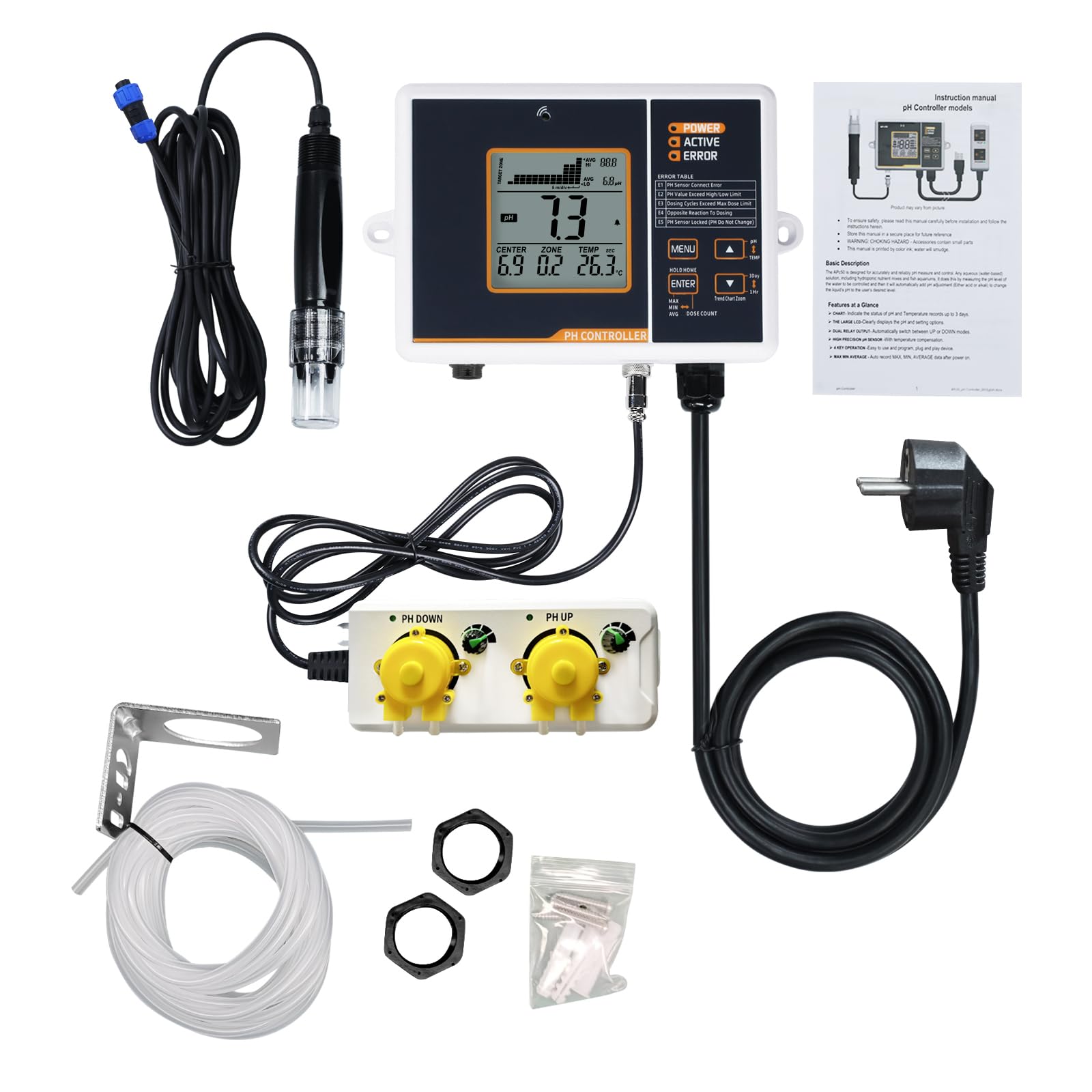 pH-Regler mit Temperaturkompensation, einstellbarer pH-Regelbereich von 4,5 bis 8,5 pH, doppelte Relaisausgabe, einfache Plug-and-Play-Bedienung, pH-Messung für Aquarium und Hydroponiksysteme